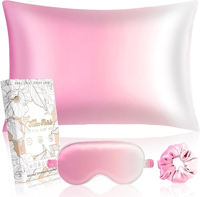 Mulberry Silk Pillow Case for Hair and Skin 19 Momme Standard 26"x20" Pk White Gradient Silk Pillowcase with Eye Mask & Scrunchie Soft Silk Pillowcase Sleeping for Moms, Women