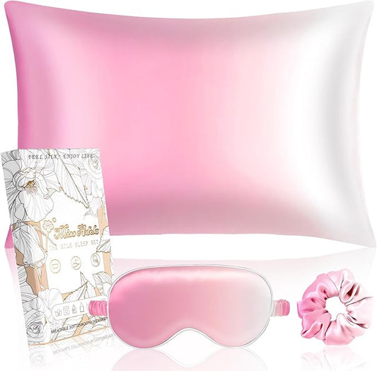 Mulberry Silk Pillow Case for Hair and Skin 19 Momme Standard 26"x20" Pk White Gradient Silk Pillowcase with Eye Mask & Scrunchie Soft Silk Pillowcase Sleeping for Moms, Women