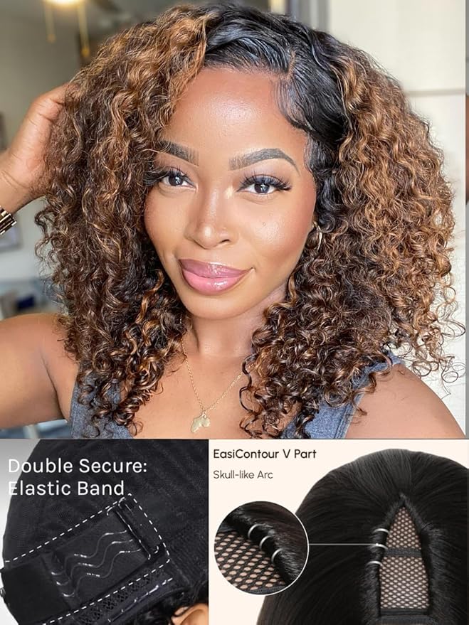 Julia Hair Highlight V Part Curly Wigs with Drawstring Balayage Brown Clip-In Half Wigs EasiContour Upgraded U Part Jerry Curly Glueless Human Hair Wig Beginner-Friendly Ready to Go 26 Inch