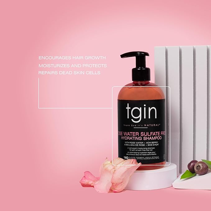 tgin Rose Water Sulfate-Free Hydrating Shampoo – Clarifying Shampoo for Curly, Wavy & Coily Hair – Lightweight Tgin Hair Products for Soft, Shiny, No Frizz Strands – Natural Botanical Formula (13oz)