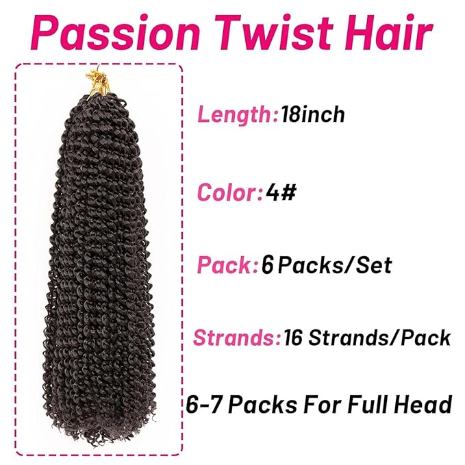 Dorsanee Dark Brown Passion Twist Hair 18 Inch 6 Packs Water Wave Crochet Hair Long Bohemian Curly Braiding Hair for Butterfly Locs, Faux Locs, Boho Style Spring Twist Crochet Braids (4#)