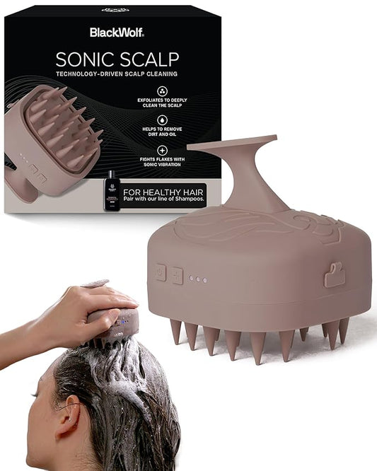 Black Wolf Sonic Scalp Scrubber, (Taupe) - Hair & Scalp Massager Brush with 3-Speed Oscillation - Rechargeable Scalp Care Comb with Soft Silicone Oscillating Bristles for Deep Clean & Exfoliation
