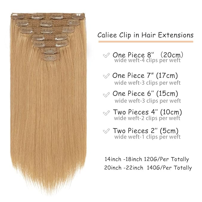 Caliee Remy Hair Extensions Clip in Human Hair Silky Straight Thick Ends Color 27 Caramel Blonde Clip in Hair Extensions Human Hair for Full Head Invisible Lace Weft 120 G 18 Inch
