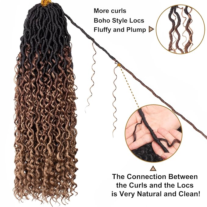 COOKOO 24 Inch Boho Happie River Crochet Hair - 8 PCS Goddess Locs with Curly Ends - Synthetic Soft Crochet Locs Hair Extension 1B/30/27#
