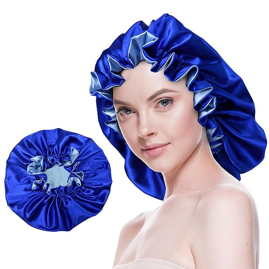 Silk Bonnet for Sleeping Satin Bonnets Double Layer Reversible Hair Cap Bonnet for Women Long Curly Braid Hair (Royal Blue)