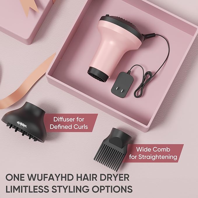 2-in-1 Diffuser Hair Dryer for Curly Hair: 1875W Ionic Hair Dryer w/Comb & Diffuser Attachment, Fast Drying, Reduces Frizz, Anti-Heat Handle Blow Dryer with ALCI Plug, Gift for Women Her