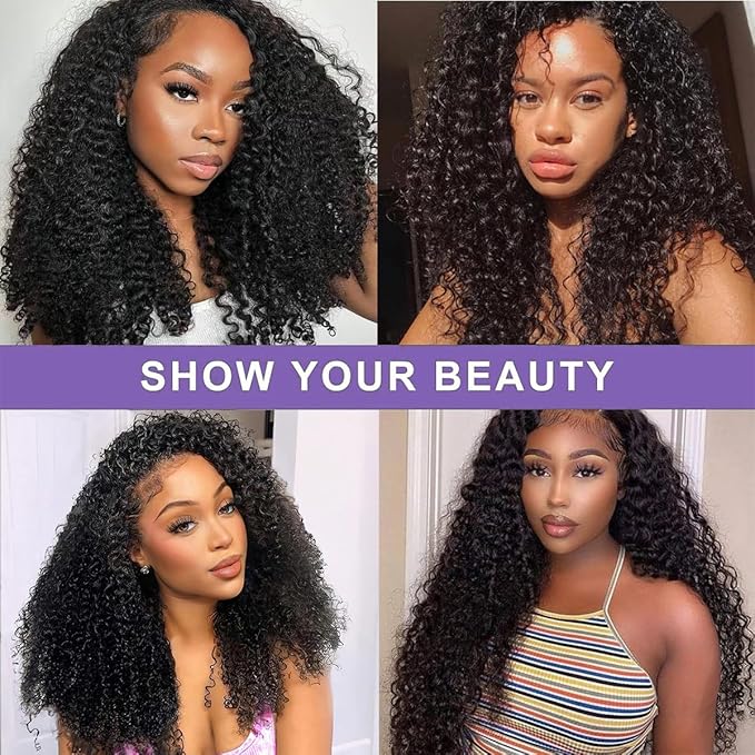 Glueless Half Wigs Human Hair Jerry-Curly Headband Wig Upgrade 3 In 1 Half Wig With Drawstring Seamless Clip Ins Flip Over 200 Density Curly Human Hair Wig For Black Women 16 Inch