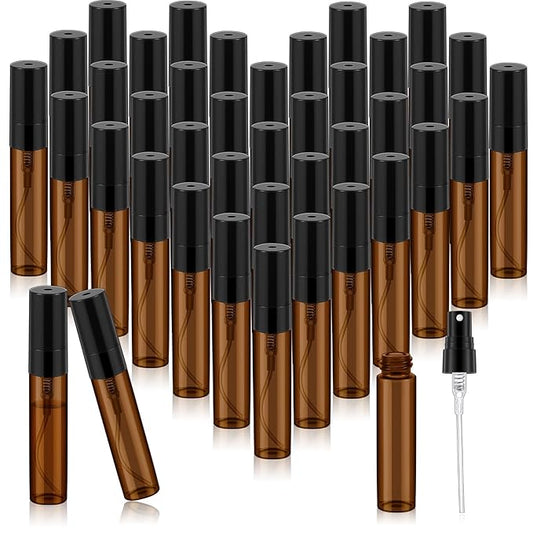 Zhehao 50 Pcs Mini Spray Bottles 5 ml Clear Glass Perfume Bottles Refillable Fine Mist Perfume Atomizer Portable Empty Sample Containers for Cleaning, Essential Oils, Travel (Amber)