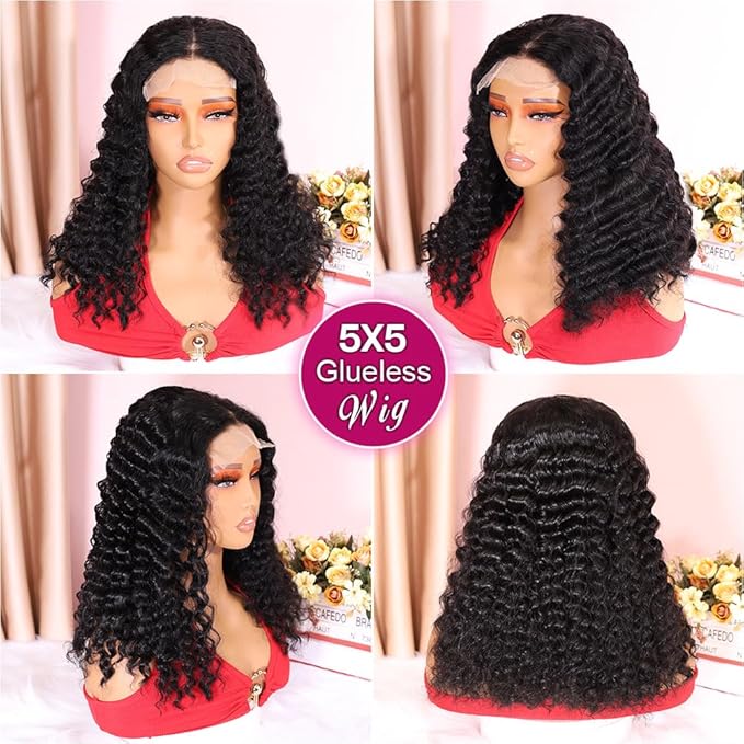 Curly Bob Wig Human Hair Deep Wave 200% Density 5x5 HD Lace Closure Wigs Human Hair Bob Wigs For Black Women Wear And Go Glueless Curly Wig Black Color 18 Inch