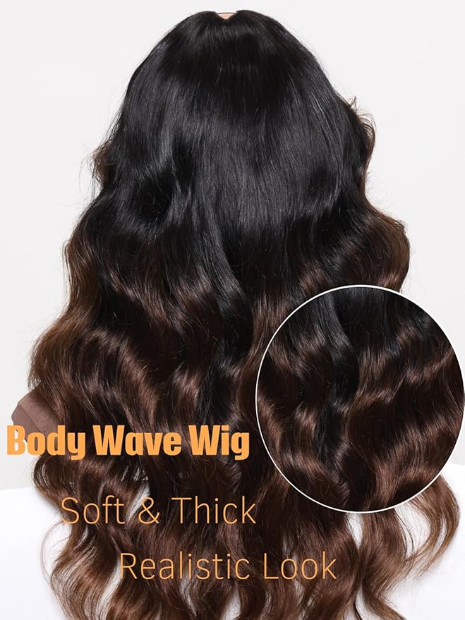 Julia Hair 12A Ombre Highlight V Part Wig Body Wave Human Hair Wigs Upgrade U Part Shadow Root Balayage Glueless Virgin Hair Clip in Half Wig No Gel No Leave Out No Sew-in Beginner Friendly 18 Inch