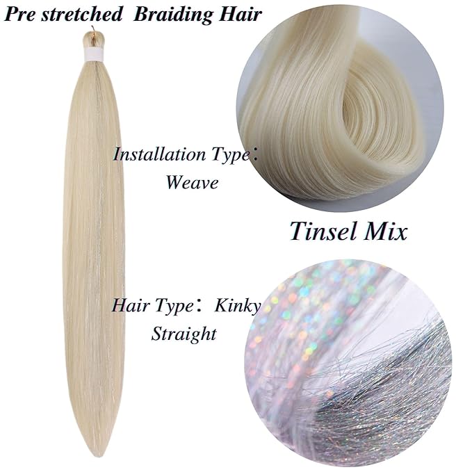 BlondeTinsel Braiding Hair Pre stretched Braiding Hair for Glitter Braids Festival Braids Cosplay