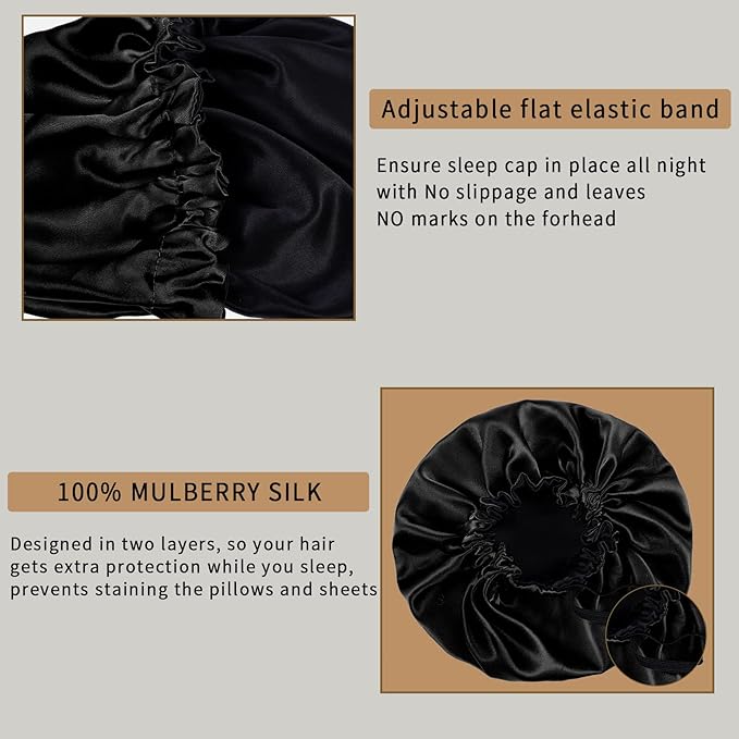 RedJoe 22 Momme 100% Mulberry Silk Bonnet Hair Wrap for Sleeping, Adjustable Silk Scrunchies Sleep Cap for Women Men Hair Care, Head Scarf Night Caps with Elastic Stay On Head, 1Pc(Black,Black)