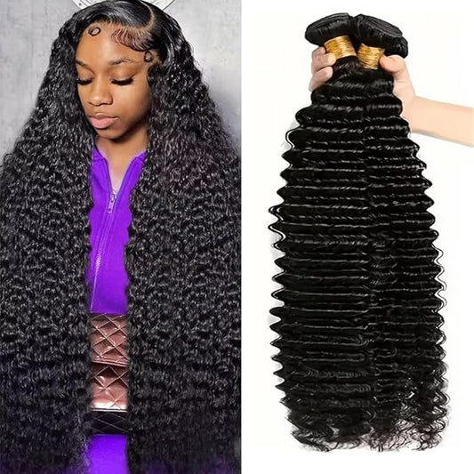12A Human Hair Bundles Deep Wave 100% Unprocessed Brazilian Virgin Hair 4 Bundles Deep Curly Human Hair Extensions Quick Weave Human Hair (4 Bundlles Natural black, 20 22 24 26 Inch)