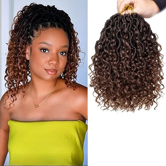 COOKOO 8 Packs Short Goddess Faux Locs Hair 12 Inch 14 Strands/Pack Pre-looped Ombre Brown Goddess Locs Crochet Hair Bohemian Locs Crochet Hair with Curls River Locs Synthetic Hair Extentions T30#