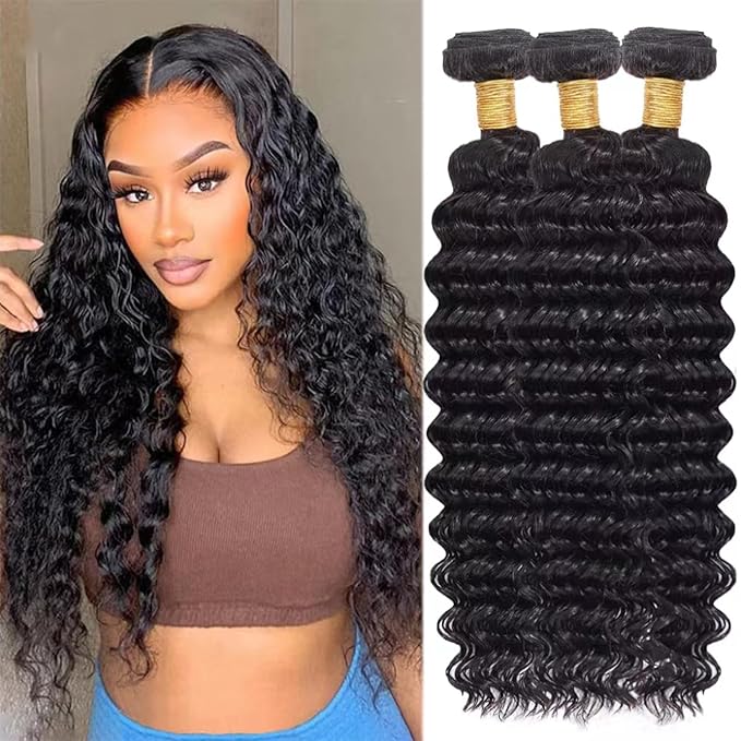 Deep Wave Human Hair Bundles, 100% Unprocessed Brazilian Virgin Hair, Deep Curly, Natural Black, Wet And Wavy Bundles - 3 Pack, Style Keep Texture Silky Soft, Hair Extension (14 16 18 Inch）