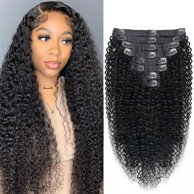 Curly Clip In Extension Human Hair 3C 4A Kinky Curly Clip Ins Full Head for Black Women Brazilian Remy Human Hair Natural Color 8Pcs with18clips 120g/Set (30 inch, curly wave)