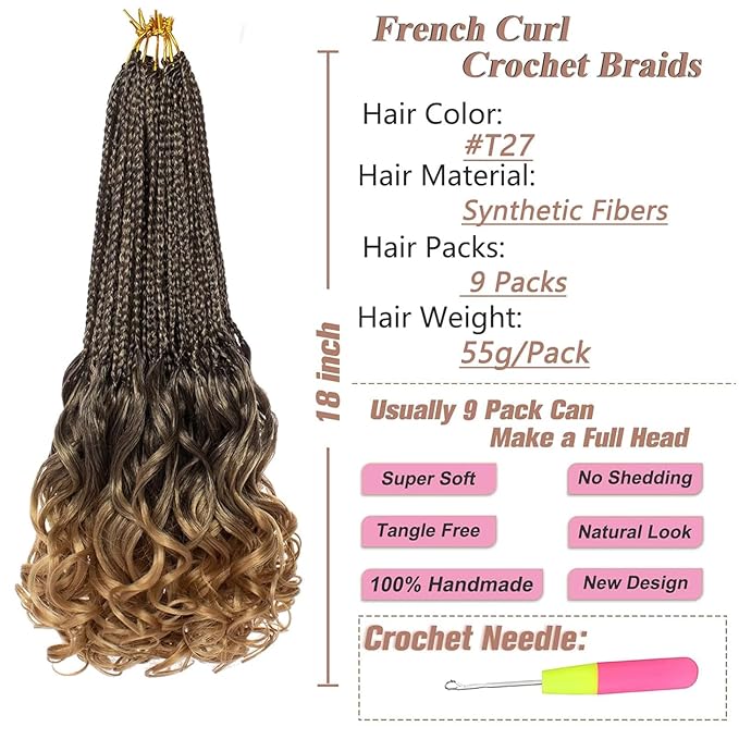 18 Inch French Curl Crochet Braids 9 Packs Ombre Blonde Pre Looped Goddess Box Braids with Curly Ends Synthetic Bouncy Crochet Hair for Women