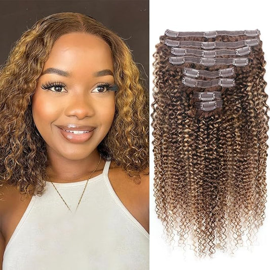Curly Clip In Hair Extensions Real Human Hair Clip Ins Balayage Chocolate Brown to Caramel Blonde Human Hair Extensions 8Pcs with18clips 120g/Set (14 inch，#4/27/4)