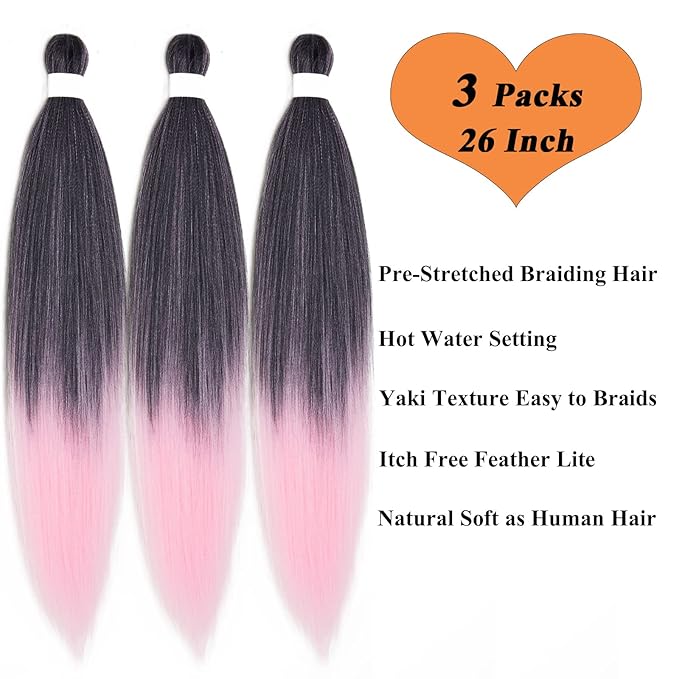 Pre Stretched Braiding Hair Ombre Black Pink Braiding Hair Pre Stretched Colored Hair Extensions for Braiding Box Braids Crochet Hair Pink Weave Prestretched Braiding Hair 26 inch 3 pack