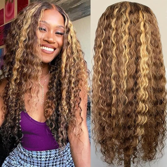 Highlight Ombre 13x6 Lace Front Wig Human Hair Deep Wave Honey Blonde Glueless HD Transparent Lace Frontal Wigs for Women 180 Density Human Hair (highlight ombre deep wave, 28 inch)