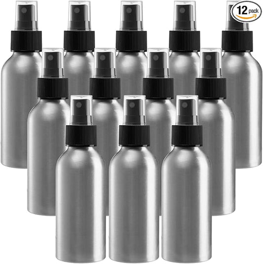 Youeon 12 Pack 4 Oz Fine Mist Spray Bottles, Reusable Aluminum Empty Spray Bottles, Small Refillable Bottle for Travel, Cosmetic, Perfume, Toner, Essential Oil Storage, Leak Proof