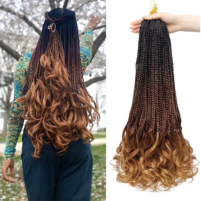 French Curl Crochet Braids 18 Inch 8 Packs Goddess Box Braids Crochet Hair for Women Pre Looped Crochet Box Braid with Curly Ends Synthetic French Curly Braiding Hair Extensions (1B/33/30)