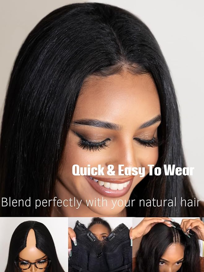 Julia Hair V Part Yaki Glueless Human Hair Wig Seamless Edge Clip in Half Wig Vpart Wigs No Sew in No Glue Ombre Chestnut Brown Upgrade U Part No Leave Out Beginner Friendly 26 Inch