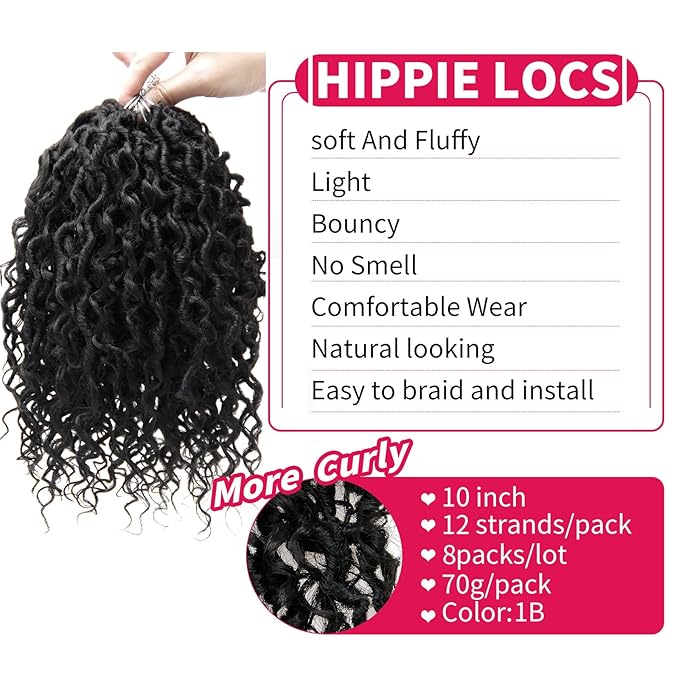 Goddess Locs Crochet Hair Short Curly Boho Faux Locs 10Inch 8Packs Pre-looped River Hippie Bohemian Loc Crochet Braids for Black Women (1B, 10inch(Pack of 8))