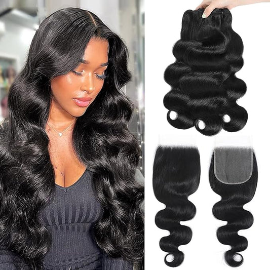 12A Human Hair Bundles with Closure 26 28 30+22 Inch Brazilian Body Wave Bundles Human Hair 100% Unprocessed Virgin 3 Bundle Deals with 5x5 HD Lace Closure