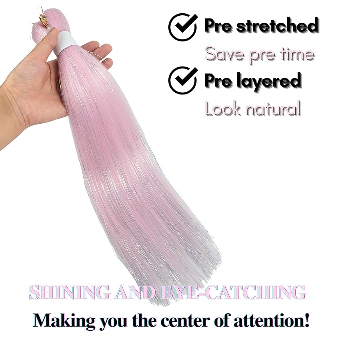 Tinsel Kids Braiding Hair Pre stretched Light Pink Braiding Hair for Glitter Braids Festival Braids Cosplay