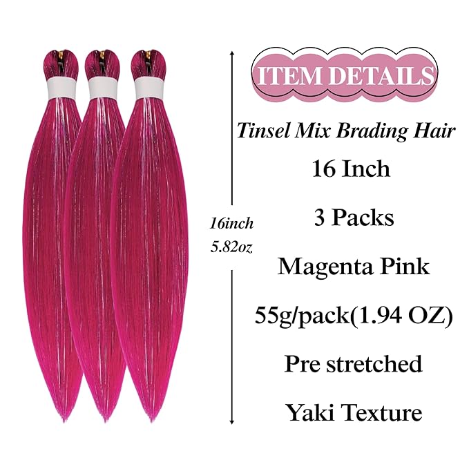 Tinsel Kids Braiding Hair Pre stretched Magenta Pink Braiding Hair for Glitter Braids Festival Braids Cosplay