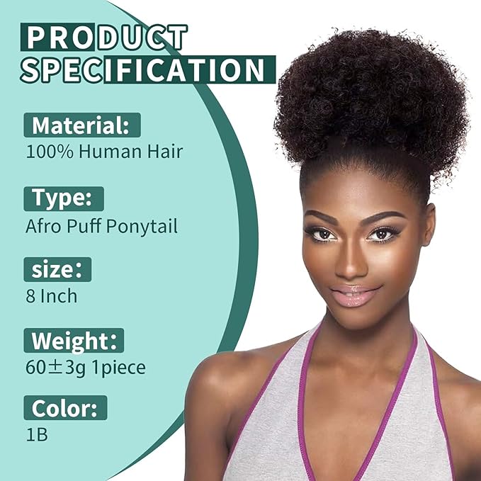 Afro Puff Clip On Human hair Drawstring Ponytail for Black Women,Ponytail Extension 8 Inch #1B Natural Black 60g Short Afro Kinkys Curly Afro Bun Extension Hairpiece