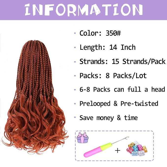French Curl Crochet Braids 14 Inch Ginger Goddess Box Braids Crochet Hair for Women Pre Looped Crochet Box Braid with Curly Ends Synthetic French Curly Braiding Hair Extensions (8 Packs，350#)