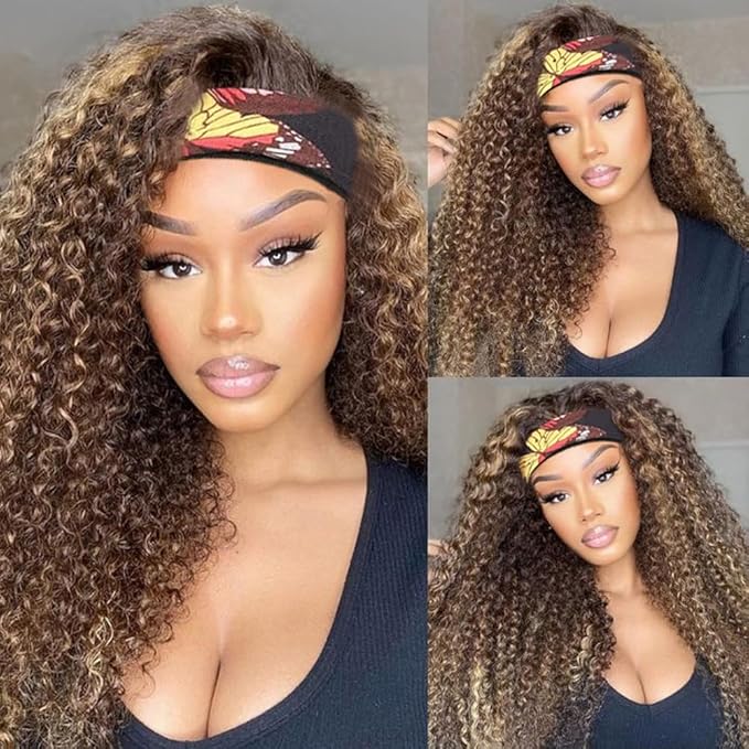 Smoothair Ombre Highlight Headband Wig Human Hair 4/27 Kinky Curly Headband Wig for Black Women 18 Inch None Lace Front Wigs Glueless Wear and Go 150% Density