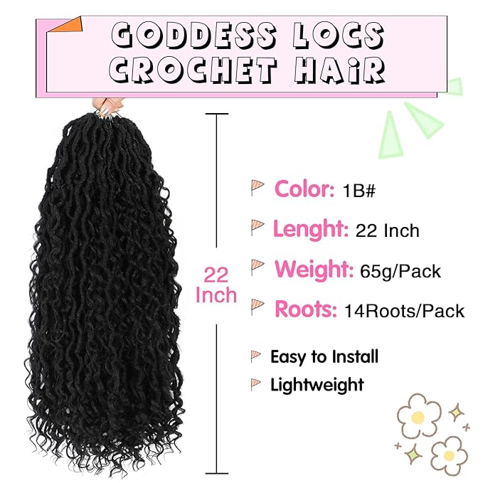 Fulcrum Goddess Locs Crochet Hair 22 Inch, 8 Packs New Faux Locs Crochet Hair for Black Women, Crochet locs with Curly Ends (22Inch (Pack of 8), 1B#)