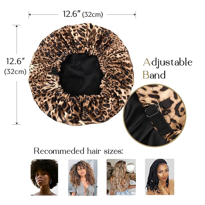 YANIBEST Adjustable Satin Bonnet Double Layer Hair Bonnet for Sleeping Bonnets for Women Hats Curly Natural Hair, Bold Cheetah