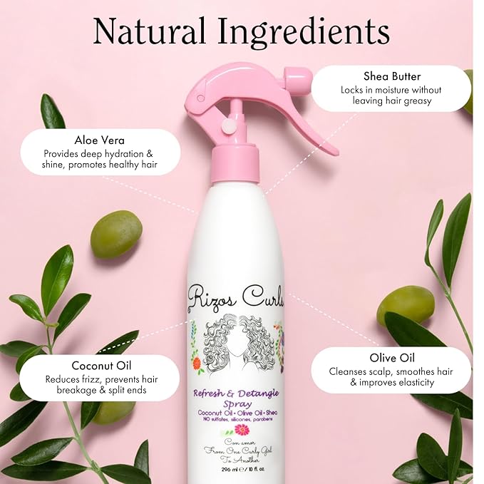Rizos Curls Travel Refresh & Detangle Spray, Moisturizing Leave-In, Hydrate & Reduce Frizz, Add Shine & Definition with Coconut Oil, Aloe Vera & Shea Butter, 2.5 oz