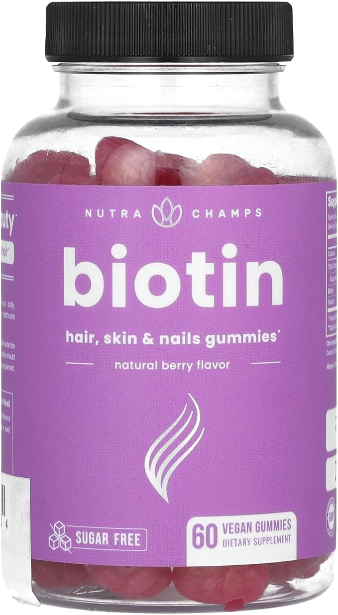 NutraChamps Sugar Free Biotin Gummies 10000mcg [High Potency] - Healthy Hair, Skin & Nails for Women, Men & Kids - 5000mcg in Each Gummy - Vegan, Non-GMO, Hair Health Vitamins Supplement - Raspberry