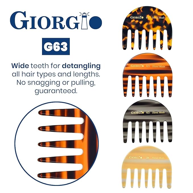 Giorgio G63 Women's Detangling Comb, Pocket and Travel Wide Tooth Comb for Thick Hair, Hair Detangler for Wet and Dry Care. Handmade, Saw-Cut, and Polished