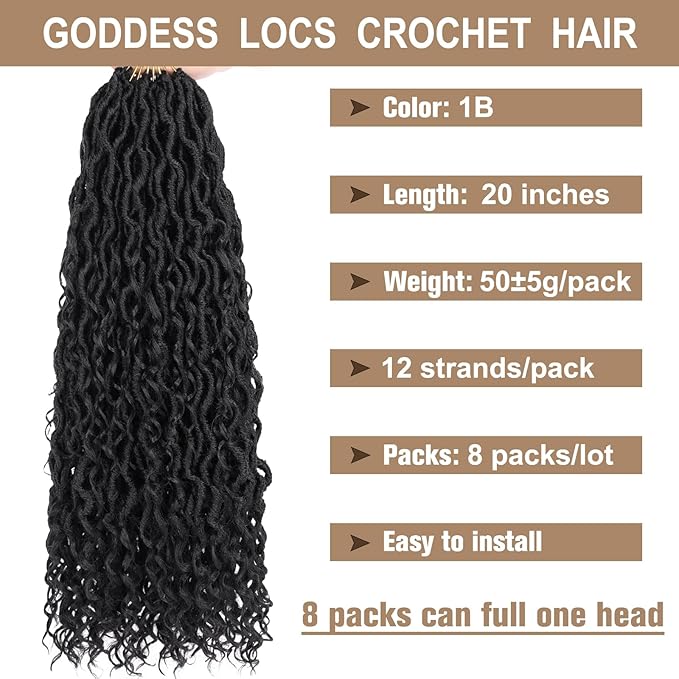 COOKOO 20 Inch 8 Packs Goddess Locs Crochet Hair Natural Black Boho Faux Locs Crochet Hair with Curls Pre Looped River Locs Hair for Black Women Bohemian Locs Synthetic Hair Extensions 1B#