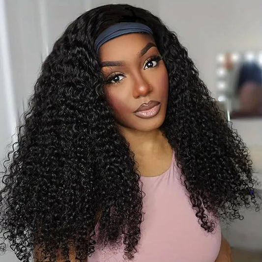 Aiterina Kinky Curly Human Hair Headband Wig Curly Human Hair Wigs 150% Density Brazilian Virgin Human Hair Machine Made Wig for Black Women Non Lace Front Wig Natural Color (Headband Wig, 26inch)