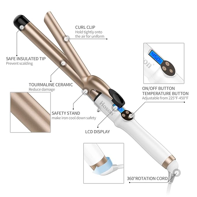 Hoson 1 Inch Curling Iron Professional Ceramic Tourmaline Coating Barrel Hair Curler, LCD Dispaly with 9 Heat Setting(225°F to 450°F for All Hair Types, Glove Include)