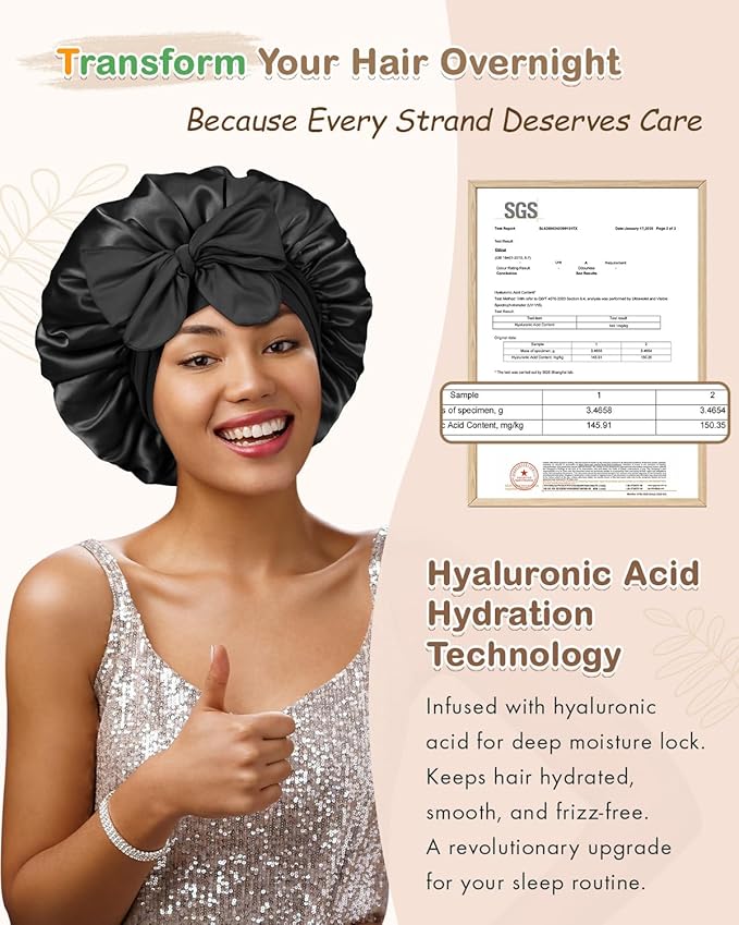 BONNET QUEEN Silk Bonnet for Sleeping Women HYALURONIC Acid Double Layer Satin Lined Bonnet Night Sleep Cap Wrap for Curly Hair with Adjustable Tie Band & Scrunchie, Black