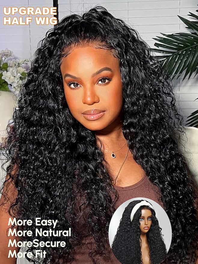 Julia Hair Glueless Half Drawstring Wig Human Hair Water Wave Blend Secure Wear and Go 12A Clip in Half Wig Wear with or Without Headband Wigs Human Hair for Women Beginner Friendly 24 Inch