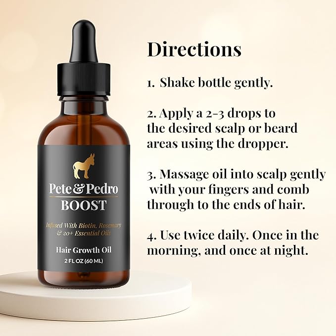 Pete & Pedro BOOST Hair & Beard Strengthening & Growth Natural Scalp Health Serum Oil For Men & Women - With Rosemary, Biotin & 20 plus Essential Oils | Shark Tank Featured, 2 oz.