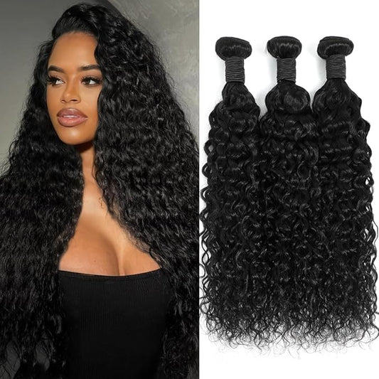 22 22 24 Inch Water Wave Human Hair Bundles Brazilian Virgin Human Hair Bundles 12A Deep Water Wave Bundles 100% Real Human Hair Extensions Natural Black
