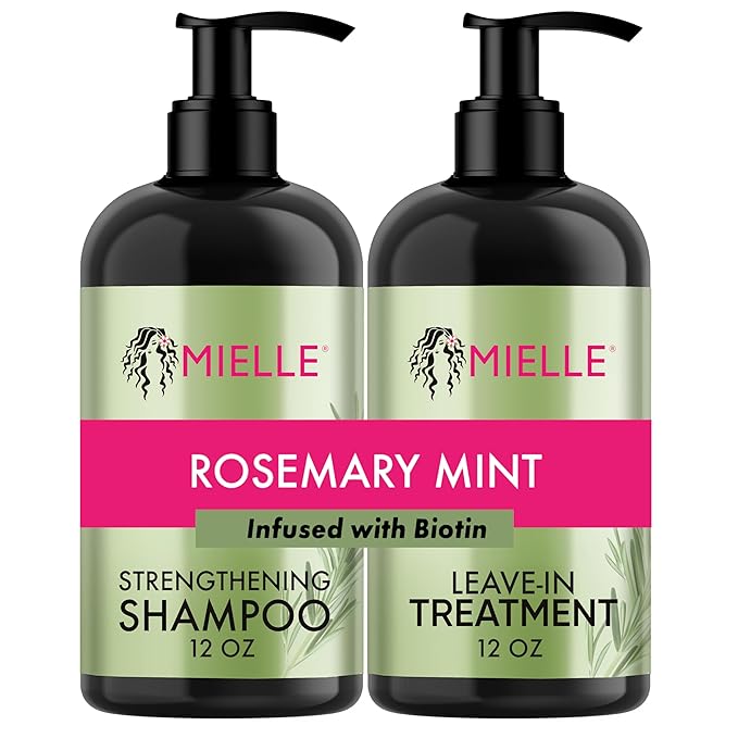 Mielle Organics Rosemary Mint Strengthening Shampoo and Leave-In Conditioner Infused with Biotin, Cleanses and Helps Strengthen Weak and Brittle Hair, 12 Ounces