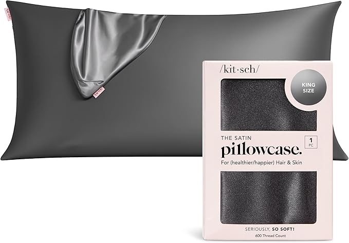Kitsch Satin Pillowcase with Zipper for Hair & Skin, Softer Than Silk Pillow Cases King, Wrinkle-Free, Smooth and Cooling Satin Pillow Covers, King Size 19"x36" - Charcoal