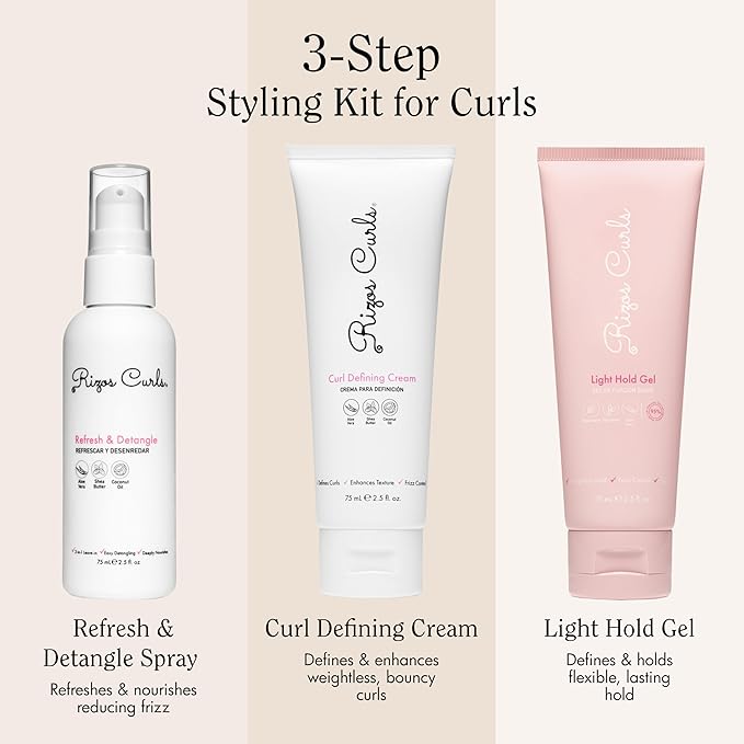 Rizos Curls 3-Step Styling Kit - Define, Style, Hold with Curl Defining Cream, Light Hold Gel & Refresh Spray – Enhances Shine, Moisture & Frizz Control for All Curl Types 2c–4c – Sulfate Paraben Free