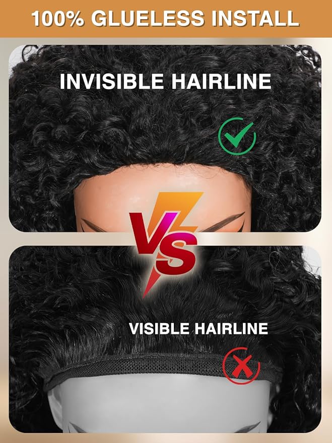 Kinky Curly Half Wig Human Hair 200% Density Wear Go Glueless Wigs Human Hair 3 In 1 Drawstring Seamless Flip Over Wig for Women Daily Wear Headband Wig Beginner Friendly Black (16inch)